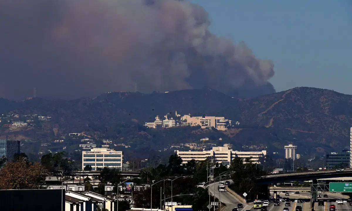 Smoke rising over the Getty Museum during the Palisades Fire in Los Angeles.